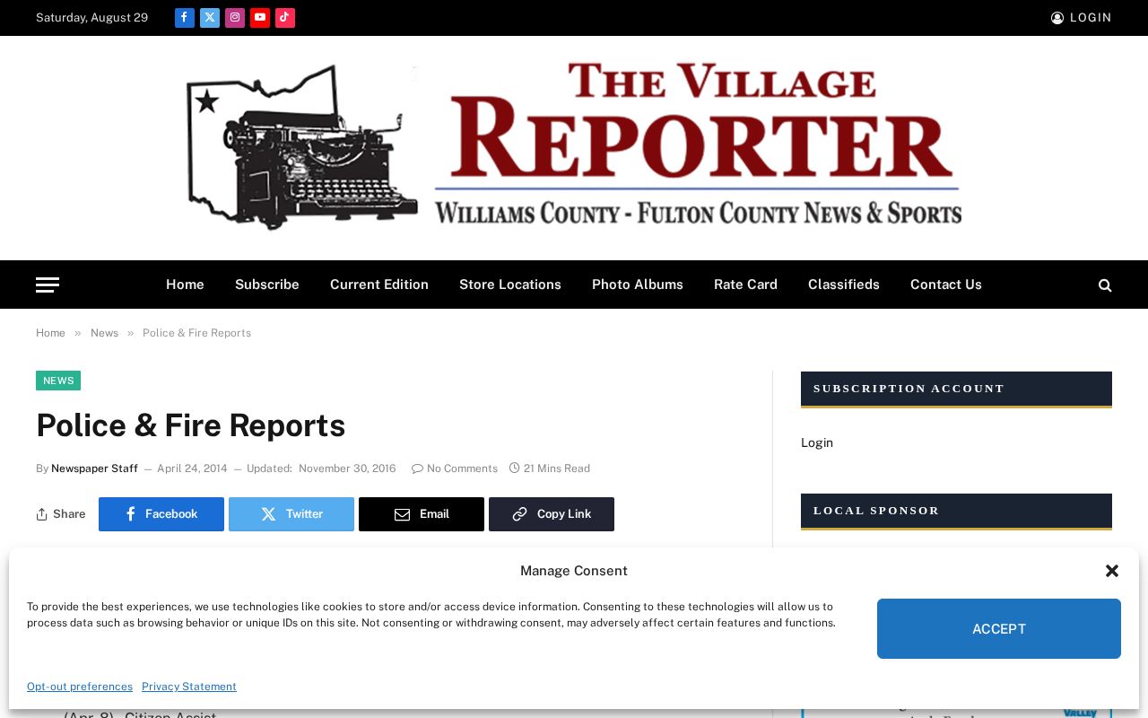 Williams County crime news and arrest-record source, Village Reporter Police and Fire Reports