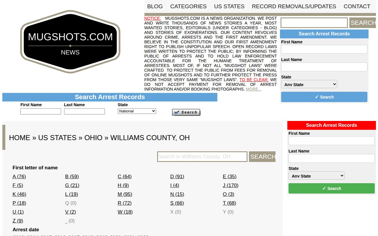 Williams County historical mugshot-record source, Mugshots.com county section