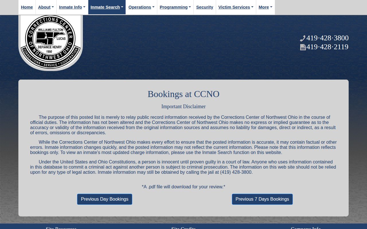 Williams County booking report explanation for recent booking records